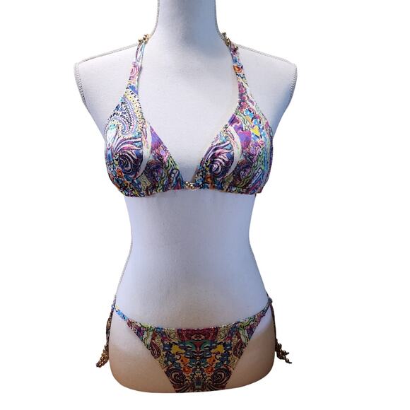Victorias Secret Swimsuit Bikini Set Paisley Beaded Strappy Back Top L Bottom-S - Picture 2 of 16